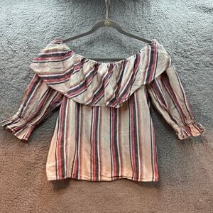 Trina Turk Women's Medium Shirt 100% Linen Off the Shoulder Ruffle Collar Summer